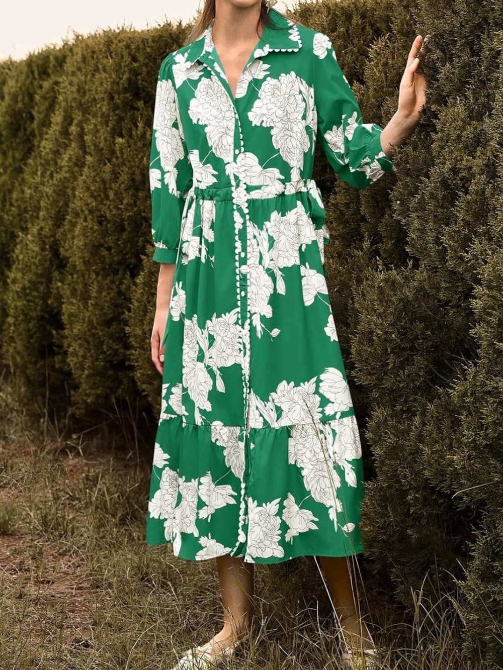 Green Floral Button-Front Midi Dress